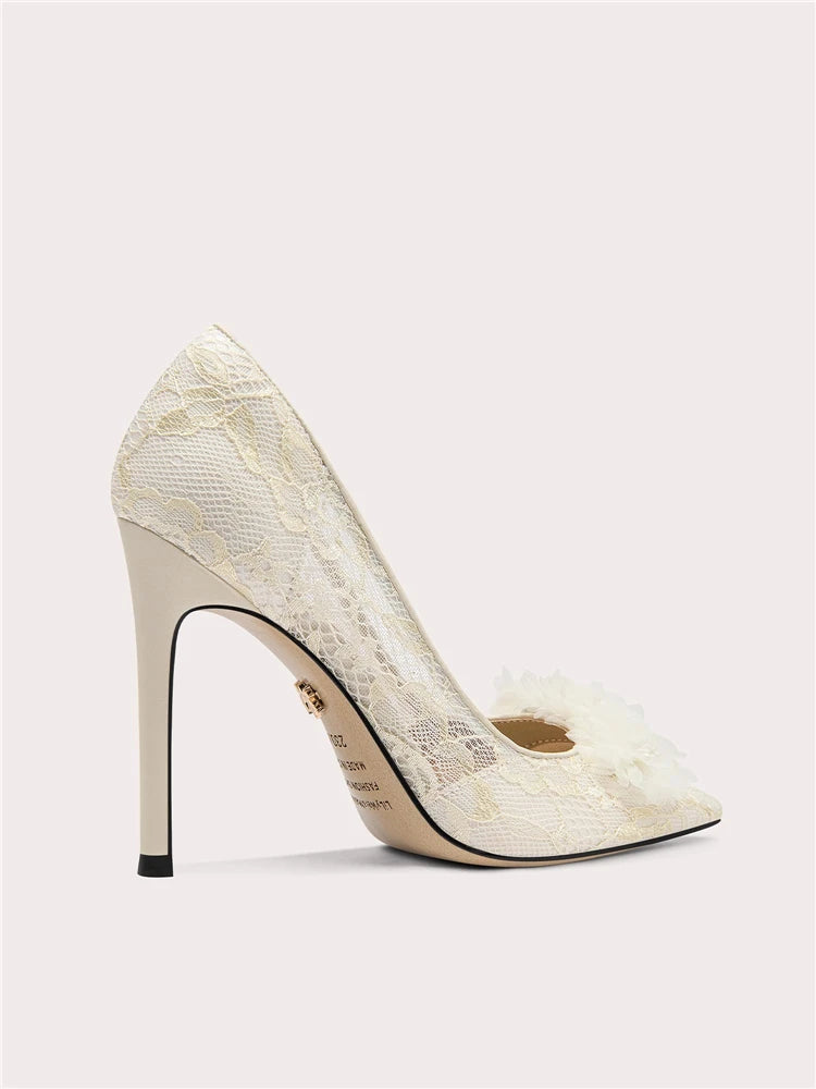Luxury floral lace rhinestone high heel wedding shoes
