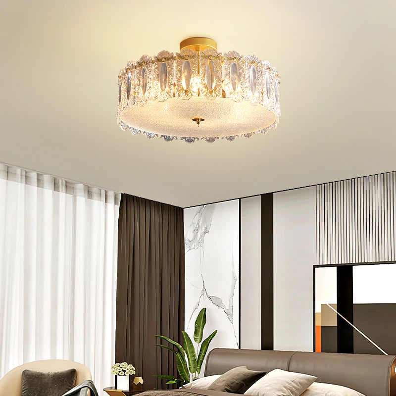 Crystal LED flush mount ceiling light in a modern living room