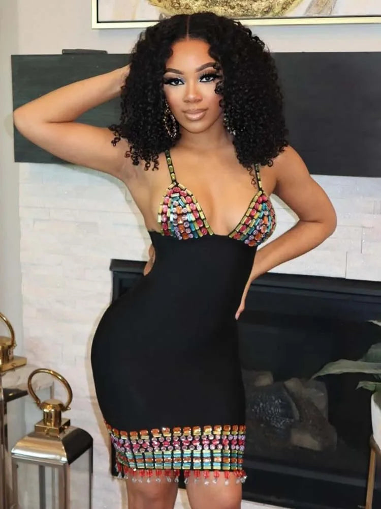 Black mini dress with colorful crystal patchwork trim