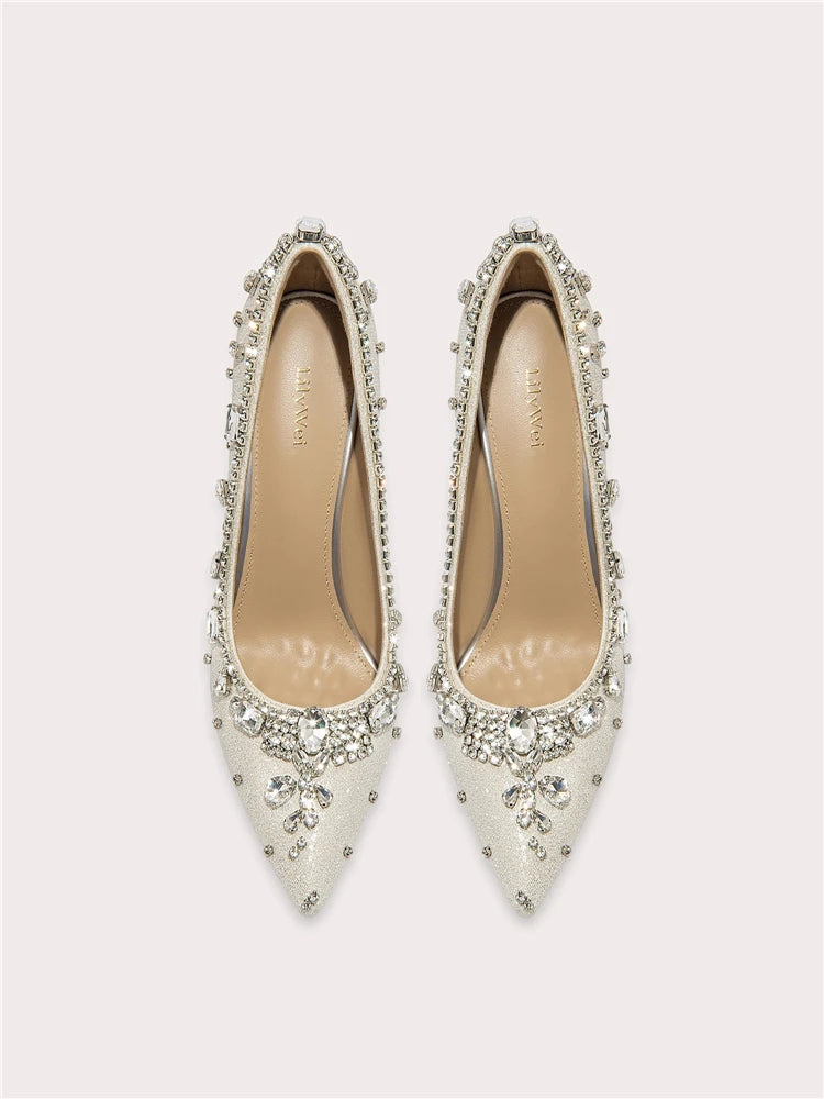 Crystal sequin pointed toe bridal pumps
