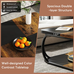 “Side profile of coffee table with curved black metal frame”


