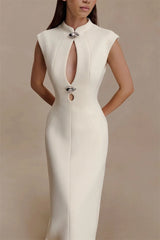 Close-up detail of the high collar and cut-out accent, showcasing refined construction and modern design balance.