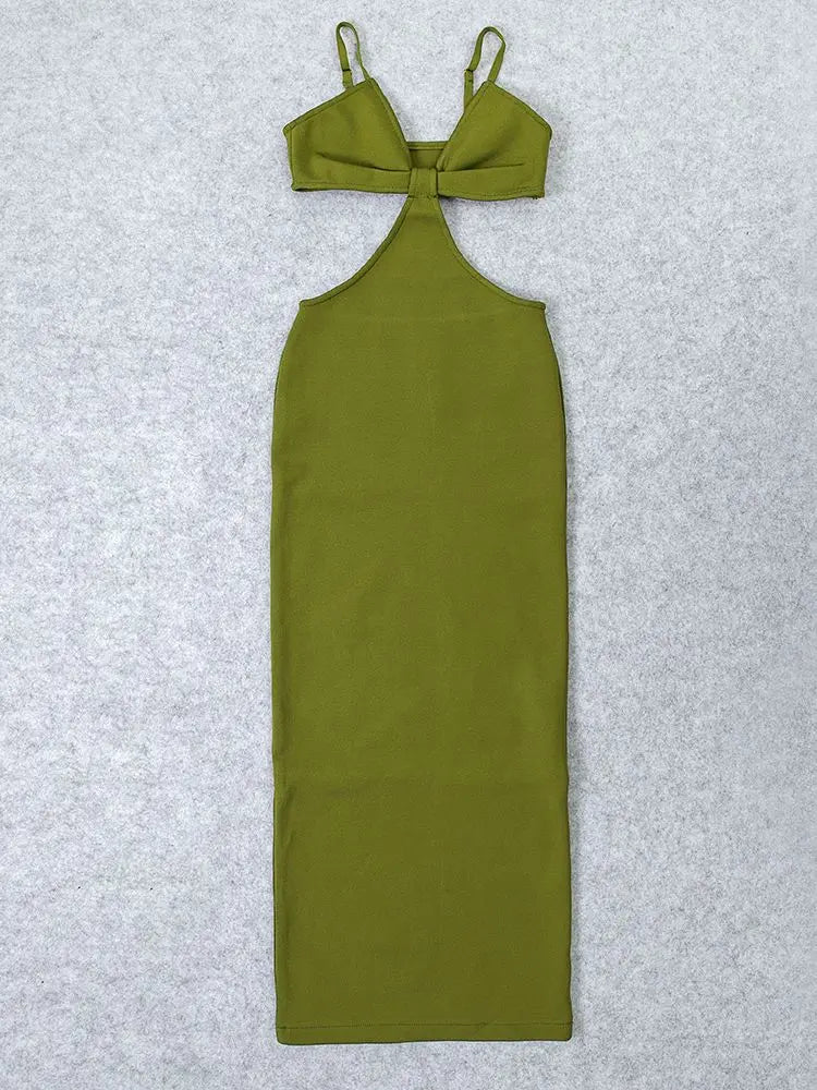 Cut out green maxi dress styled for summer parties and weddings
