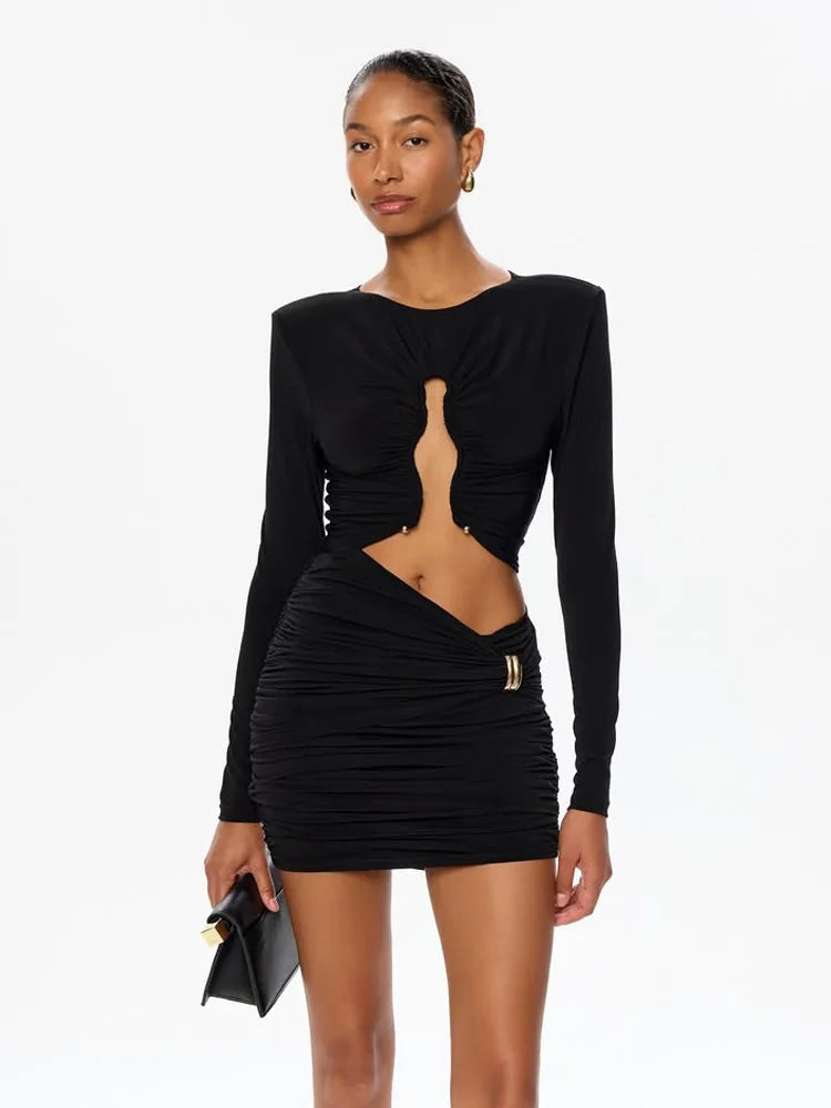 Sculpted sheath mini dress with long sleeves and cut-out waist shaping
