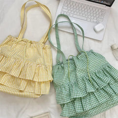 Fresh green and yellow plaid canvas handbag with double ruffles