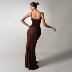 Evening gown with gathered front detailing and long flowing hem