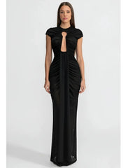 Black ruched maxi dress with a front cutout and short sleeves