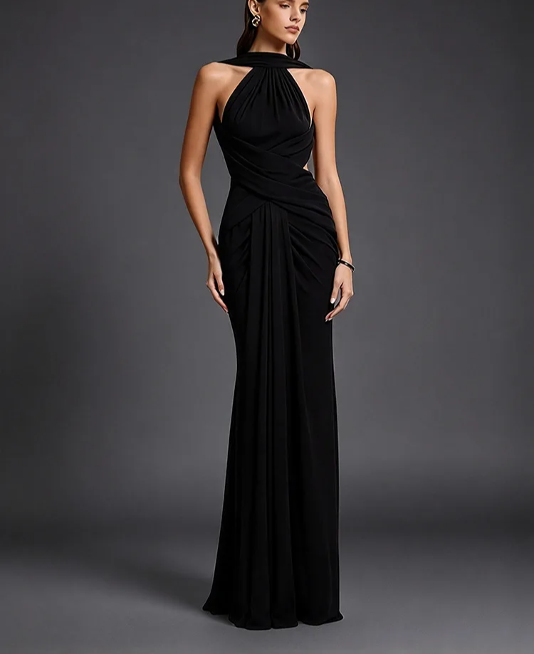 Ruched halter fishtail dress front view