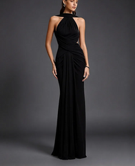 Ruched halter fishtail dress front view