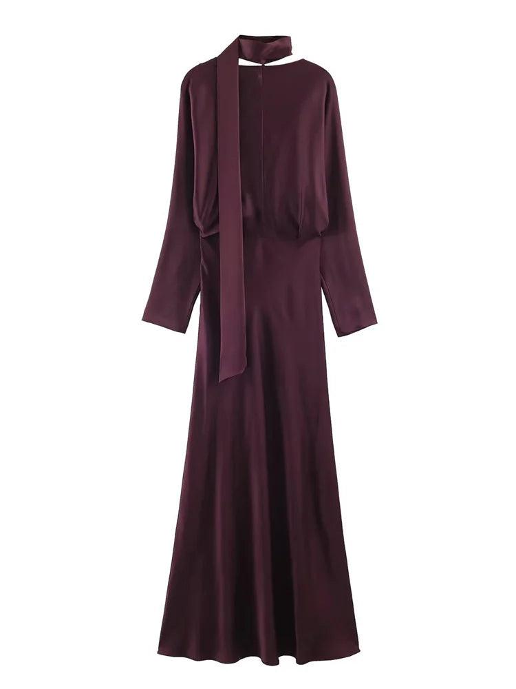 Deep burgundy ankle-length satin dress with a sleek, slim silhouette