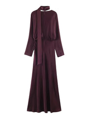 Deep burgundy ankle-length satin dress with a sleek, slim silhouette