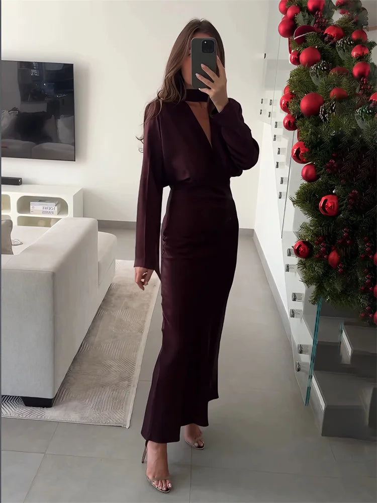 Deep burgundy satin ankle-length dress with V-neck and full sleeves