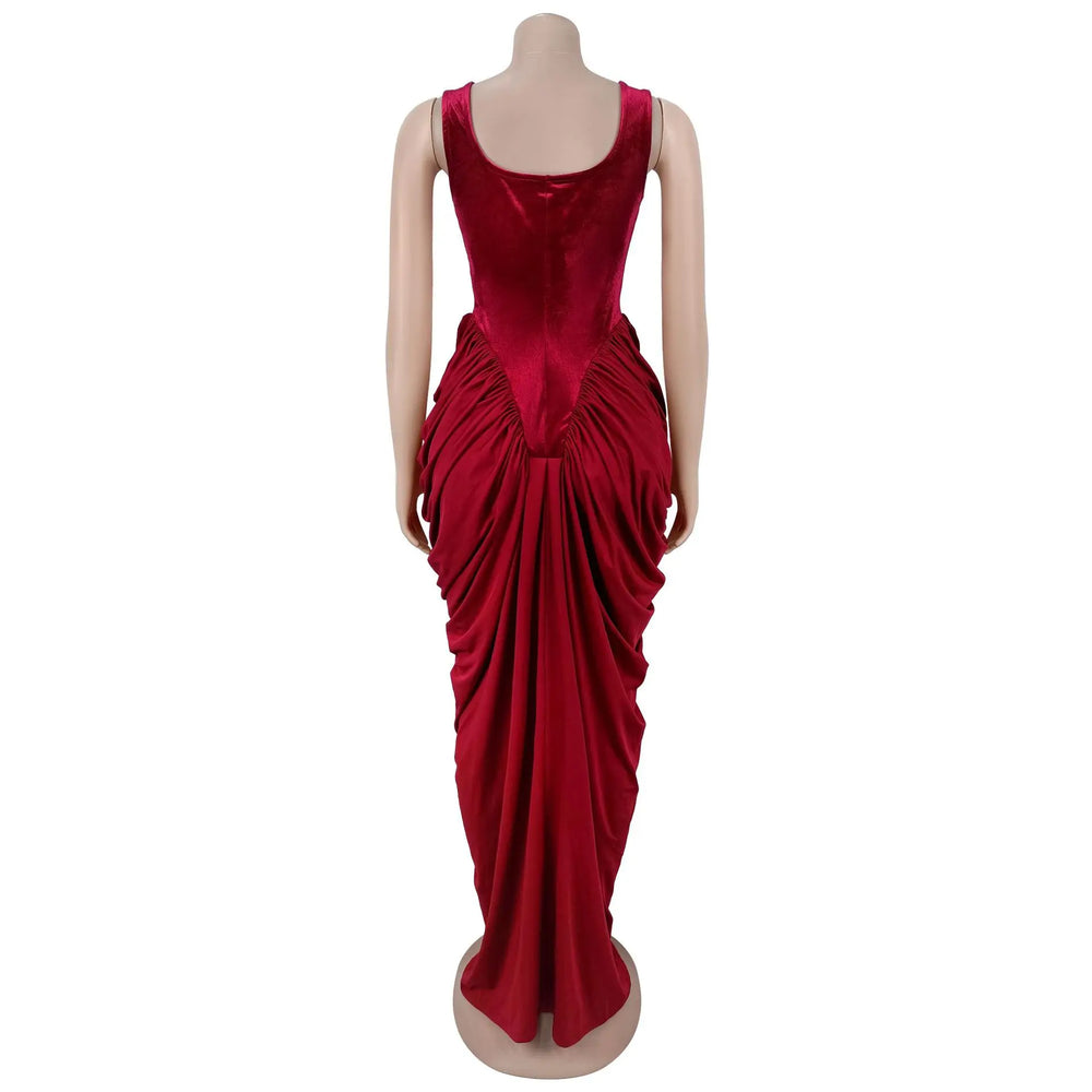 A deep red square-neck maxi dress with ruched drape at the hips.