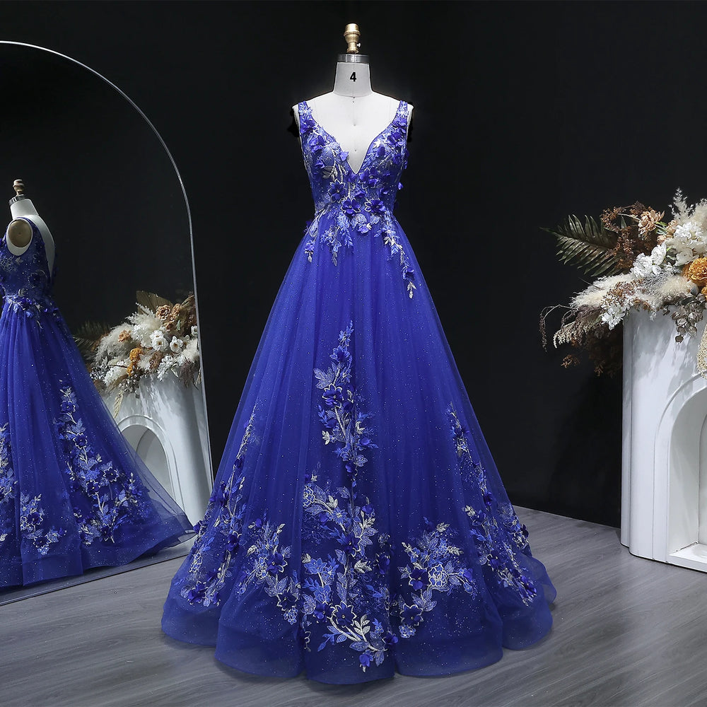 Deep V-neck tulle A-line gown with floral appliqué detailing