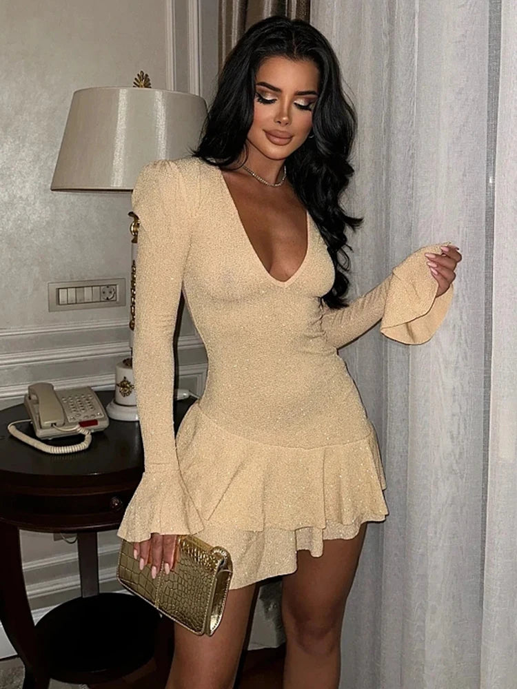 Beige mini dress with deep V-neck and ruffle hem