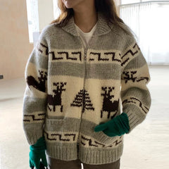 Deer pattern zip knit cardigan styled for winter layering