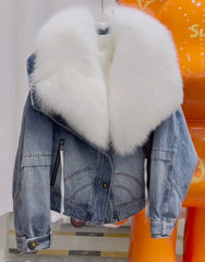 Women’s denim jacket with detachable faux fur collar