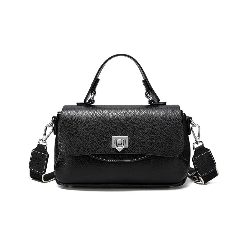 Black leather handbag with dual straps and organized compartments