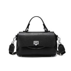 Black leather handbag with dual straps and organized compartments