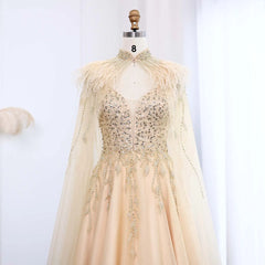 Detachable cape, Dubai formal gown shown for elegant party styling on a mannequin against a white background