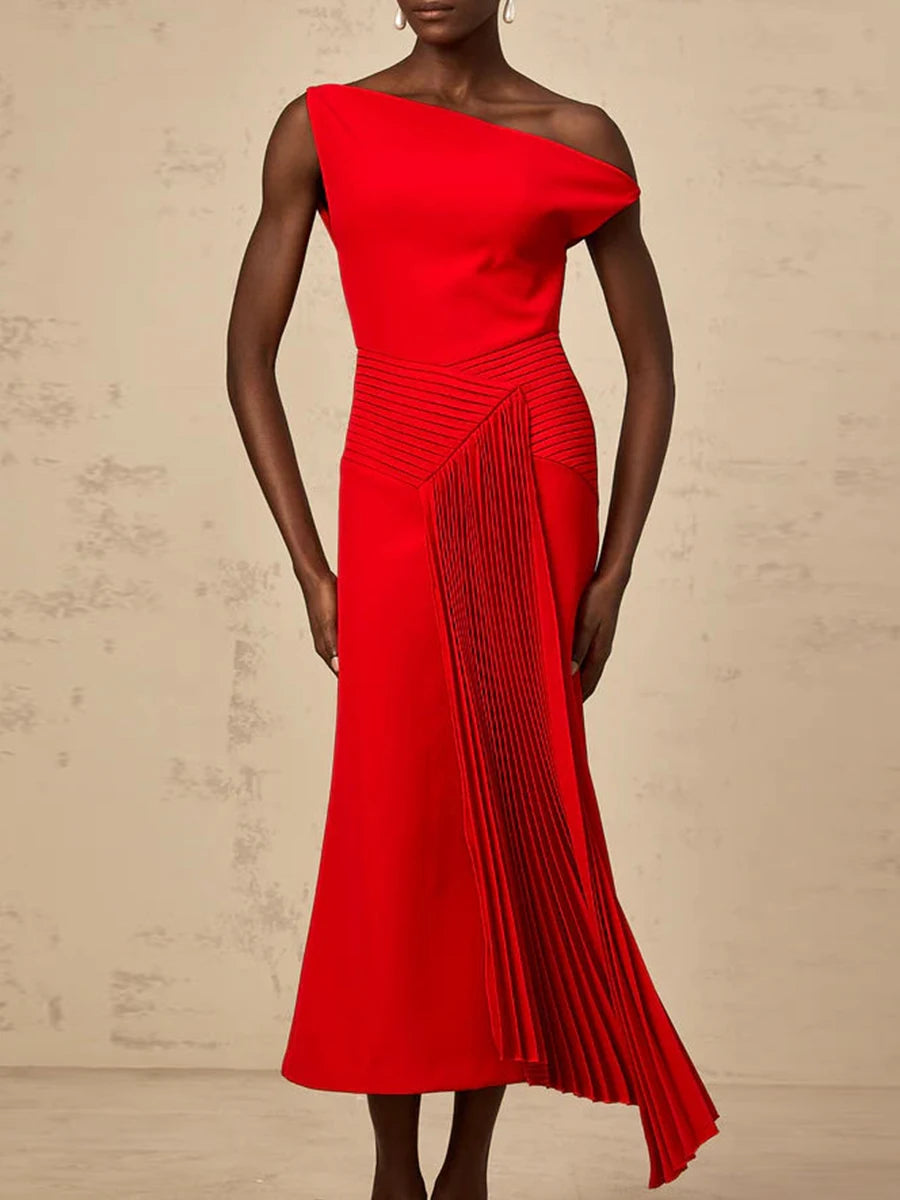 “Front view of diagonal neck off-shoulder midi dress with folded neckline”

