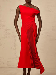 “Front view of diagonal neck off-shoulder midi dress with folded neckline”

