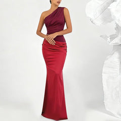 Elegant red diagonal neck slim fit maxi dress with panel draping