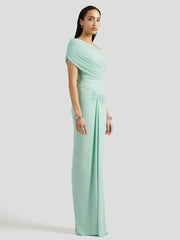 Diagonal neckline evening gown with fine pleats and folded drape