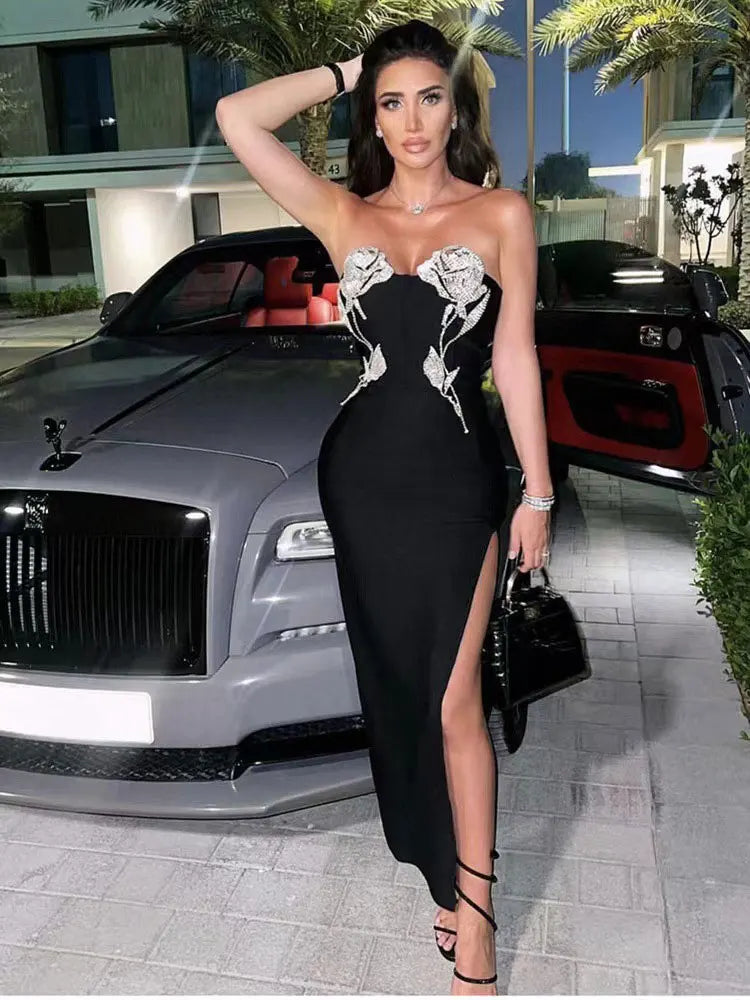 Elegant strapless black dress with sparkling details