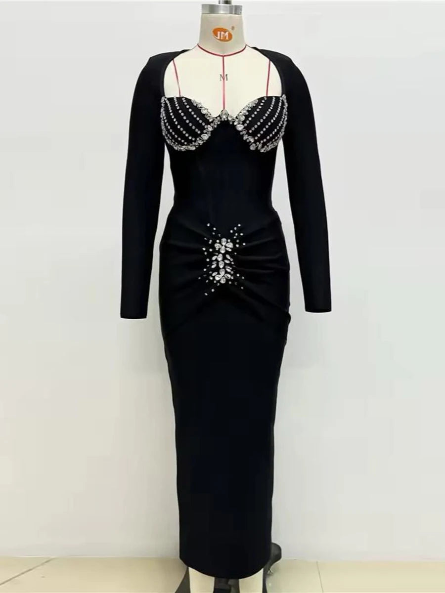 Long-sleeve A-line dress styled for an elegant evening look