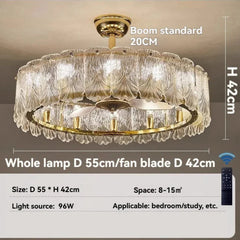 Dimmable crystal ceiling fan casting ambient light in a living room