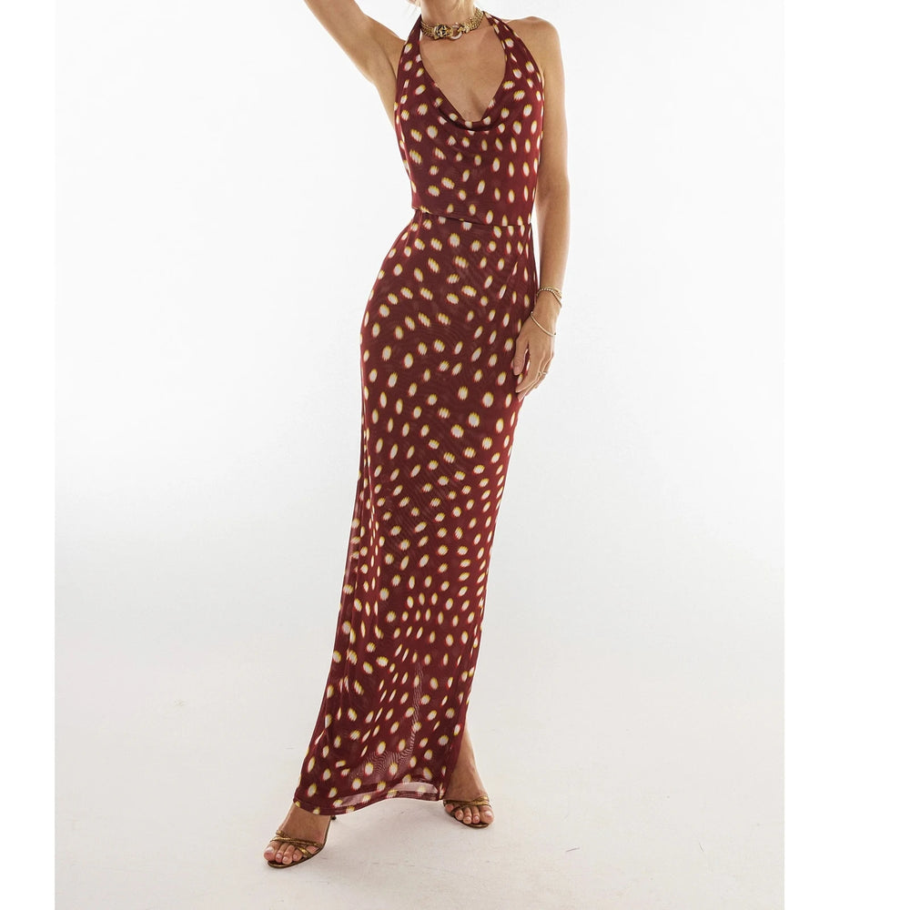 A front shot of the dot print bodycon summer dress, showing the silhouette.