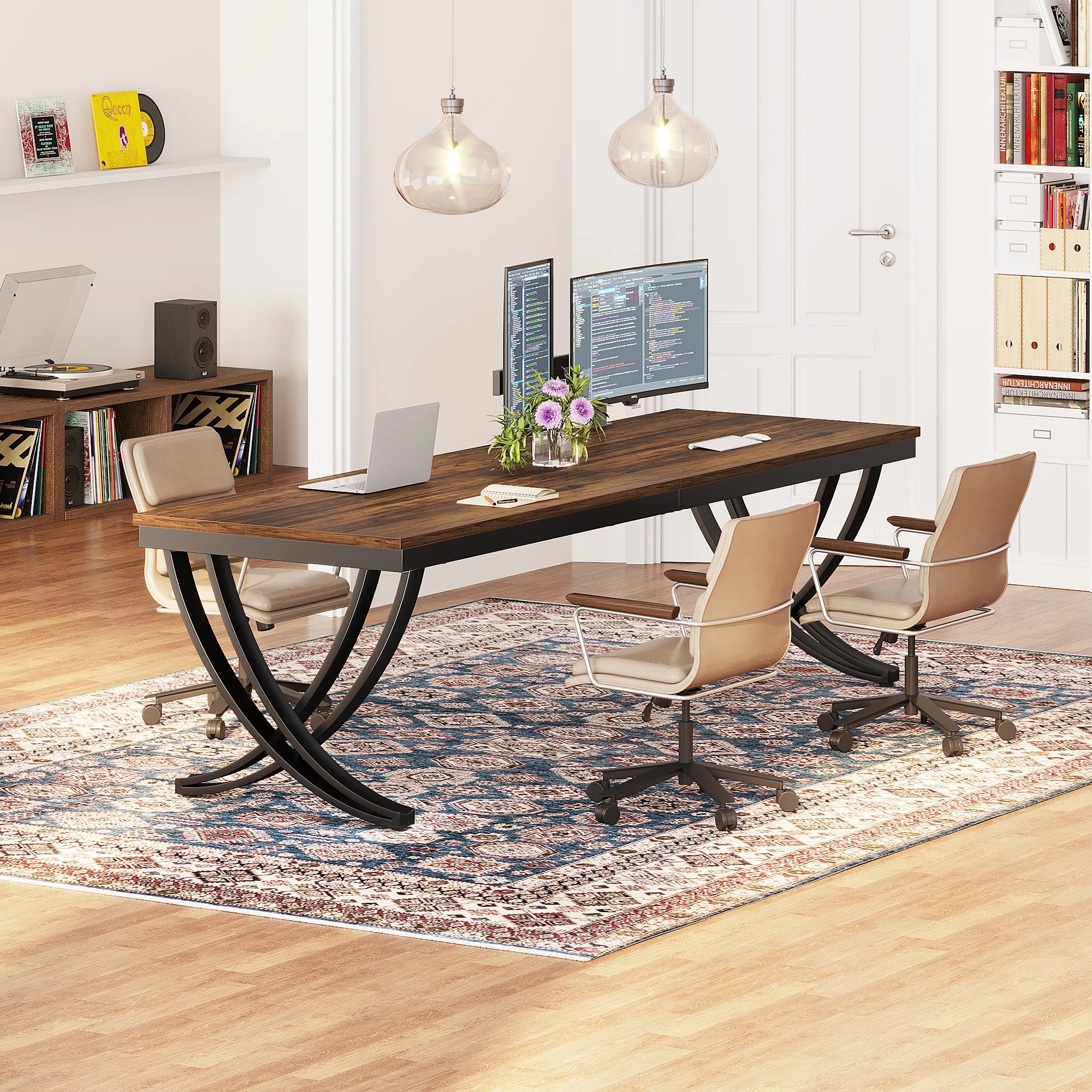 78 inch double computer desk with wooden top and black frame
