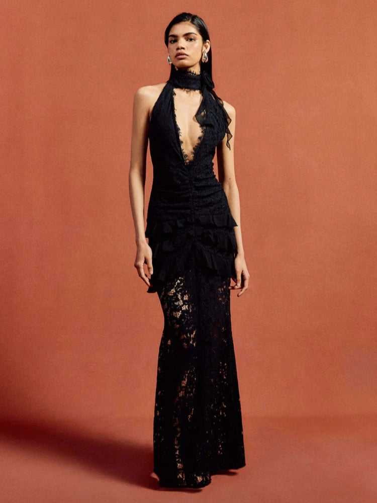 Dramatic party lace gown worn for upscale events and formal nights