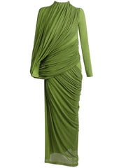 Three-quarter angle emphasizing the gathered drape at the waist and the clean high neckline, styled for a formal, modern occasion look.