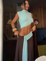 Full-length view of a sheath maxi dress with waist drape detailing