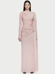 Front view of a ruched bodice ankle-length formal gown on a white background