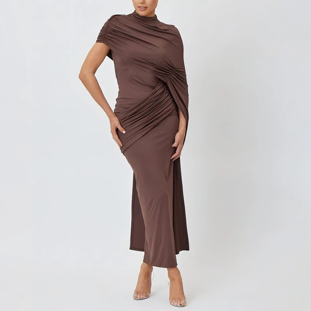 draped stand neck maxi dress with asymmetric cape sleeve
