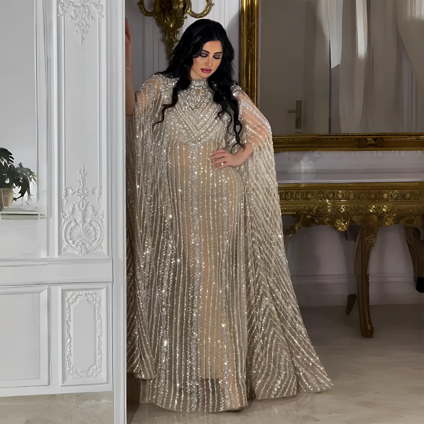 Dubai beaded cape caftan evening gown for formal events and luxury parties