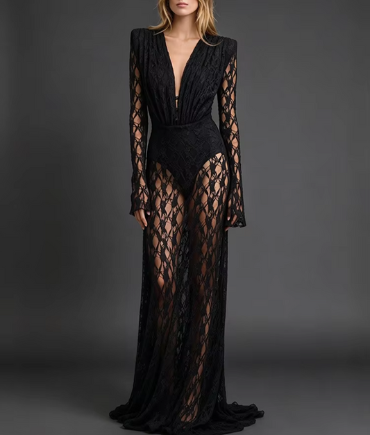 Sheer lace deep V-neck maxi dress front view