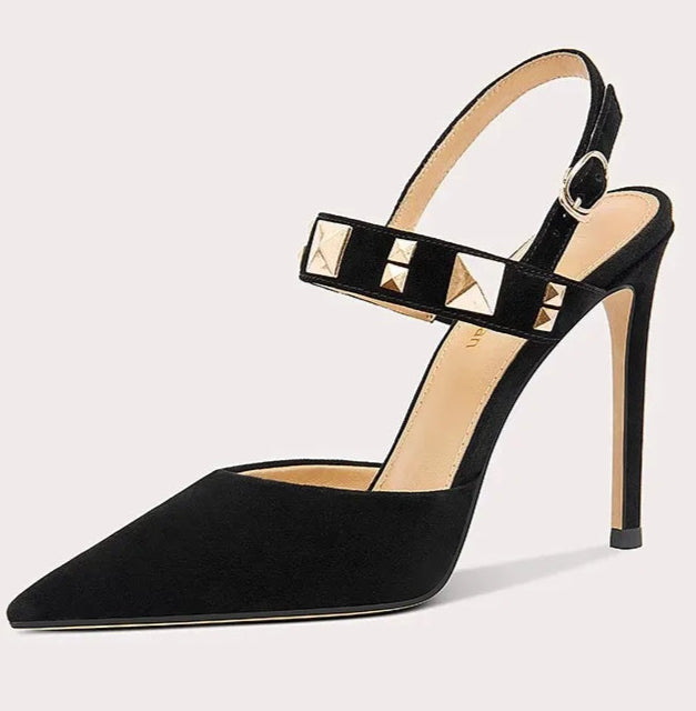 Edgy black gold event heels added for influencer outfits and celebrations