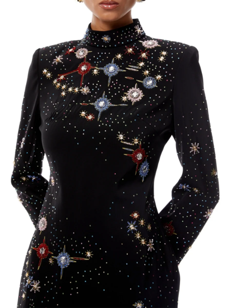 Celestial mini dress styled for elevated cocktail or weekend editorial events