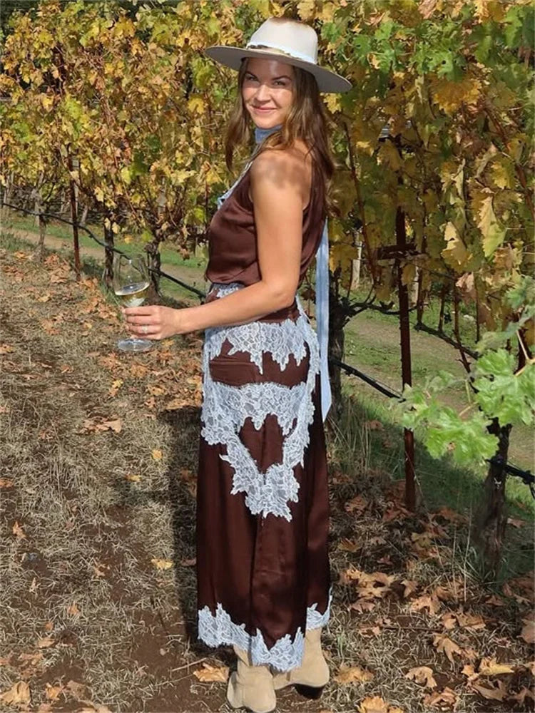 Matching outfit set featuring lace accents and a streamlined silhouette