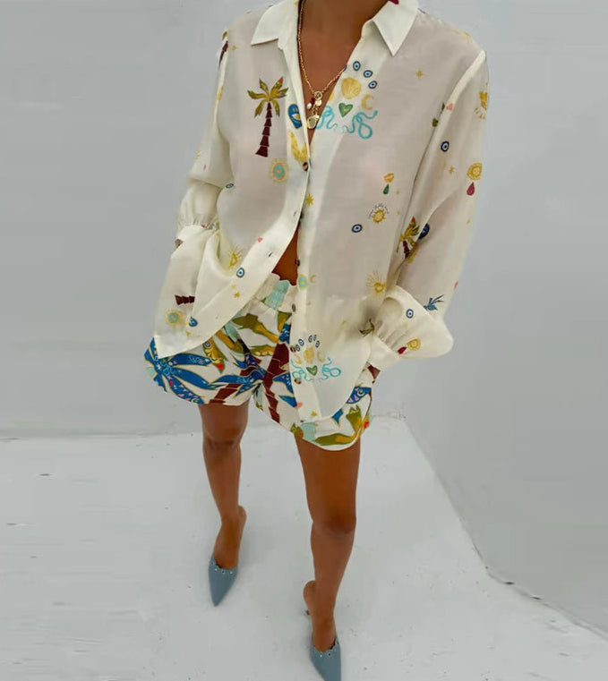 Close-up of tropical print and elastic waistband on shorts