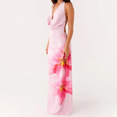 A full-length view of the elegant backless summer dress.