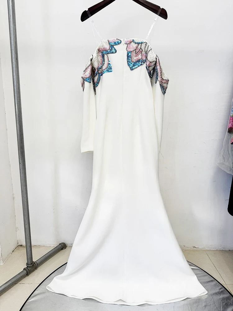 Elegant beaded off-shoulder formal dress