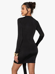 Elegant black bodycon mini dress styled for club and cocktail events