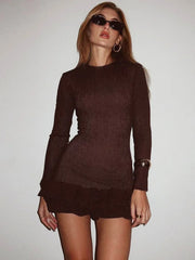 A full-length view of the brown elegant evening party gown.