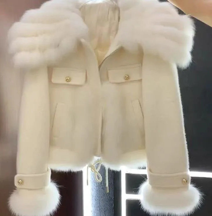 Winter tweed outerwear with faux-fur collar and cuffs