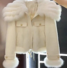 Winter tweed outerwear with faux-fur collar and cuffs